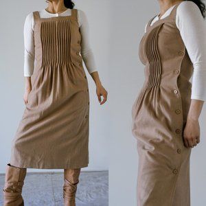 70's 80's Camel Tan Deadstock Wool Blend Midi Dress/Sleeveless/Jumper/Pinafore/S